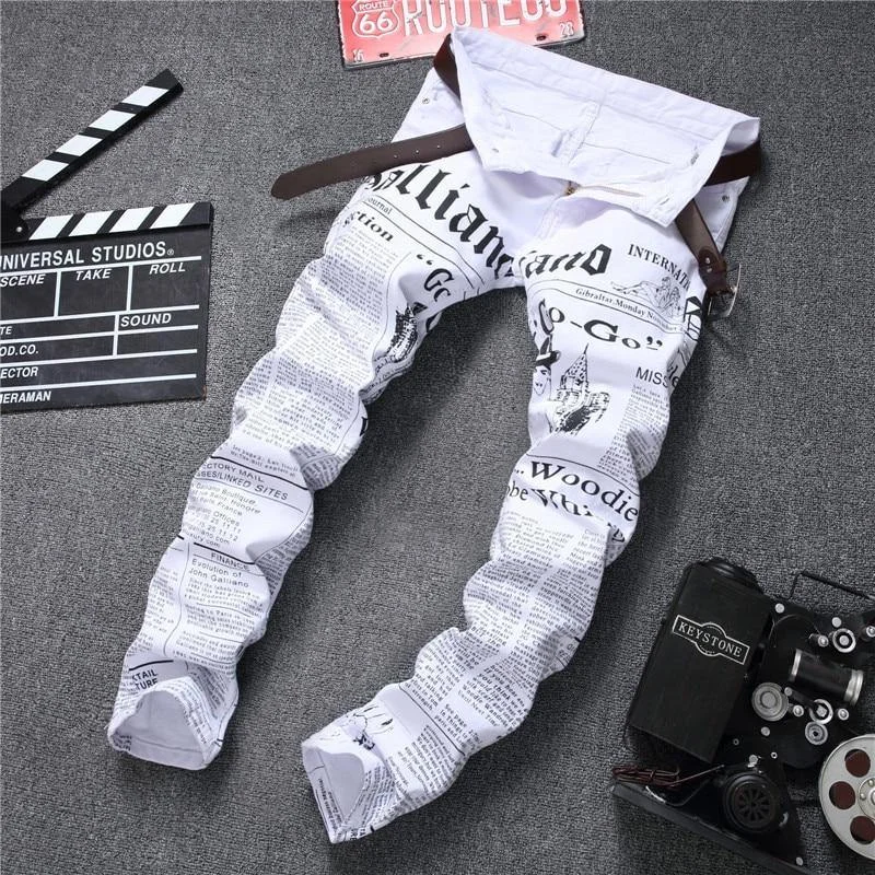 Unisex News Printed White Regular Fit Jeans