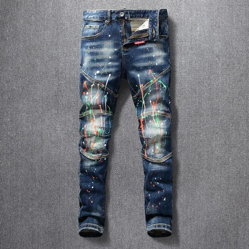 American Streetwear Designer Painted Slim Fit Jeans