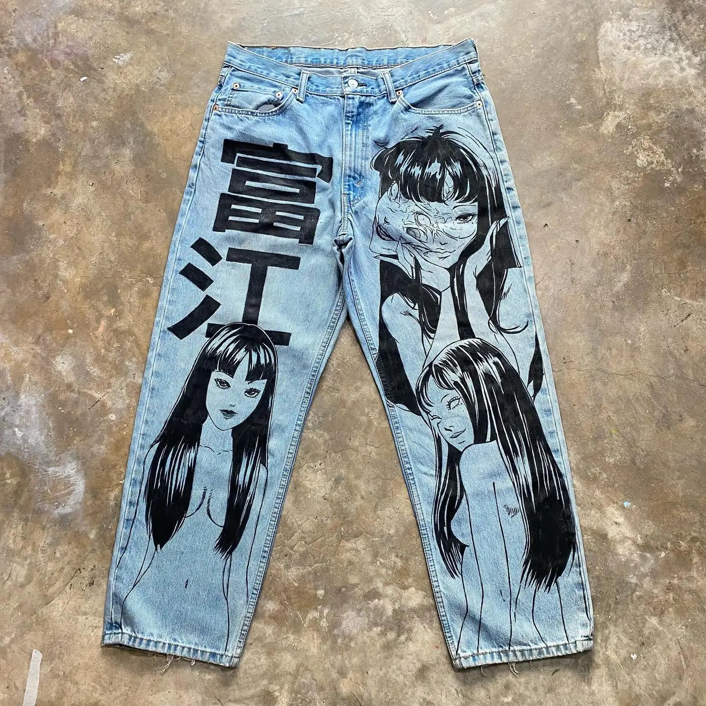 Japanese Anime Print Baggy Jeans Denim Y2k Pants Goth High Waist Wide Leg