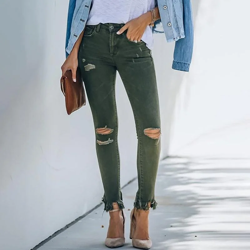 New Dark Green Raw Design Ripped Jeans