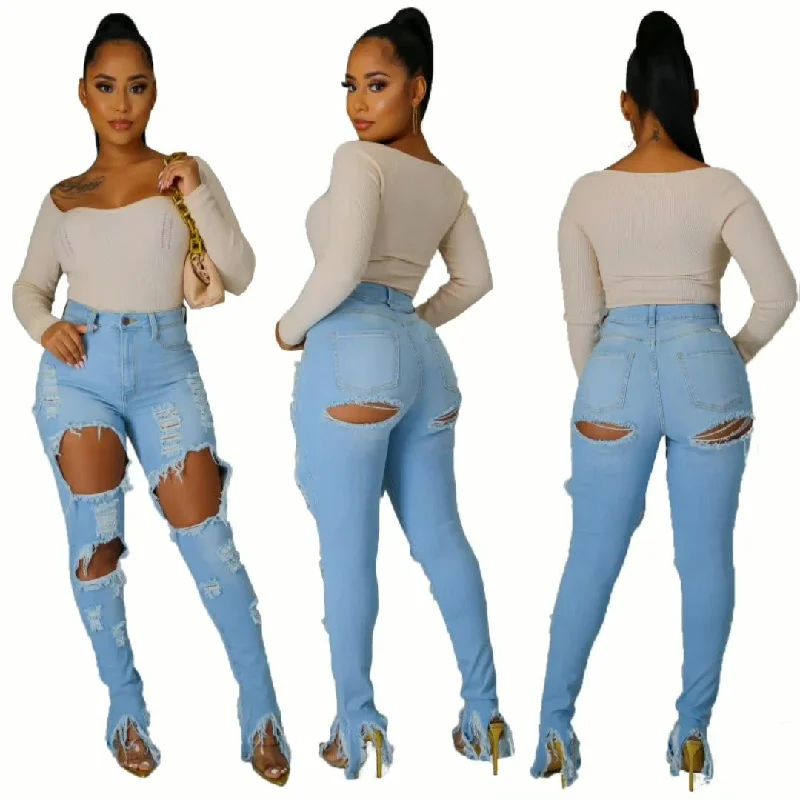 Shredded Fringe Irregular Slit Pencil Jeans