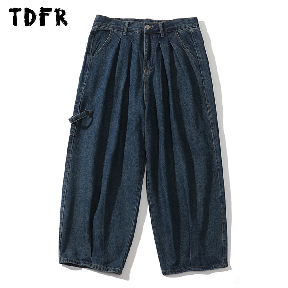 Pocket Cargo Jeans Mens Washed Casual Streetwear Loose Wide Leg Denim Pants