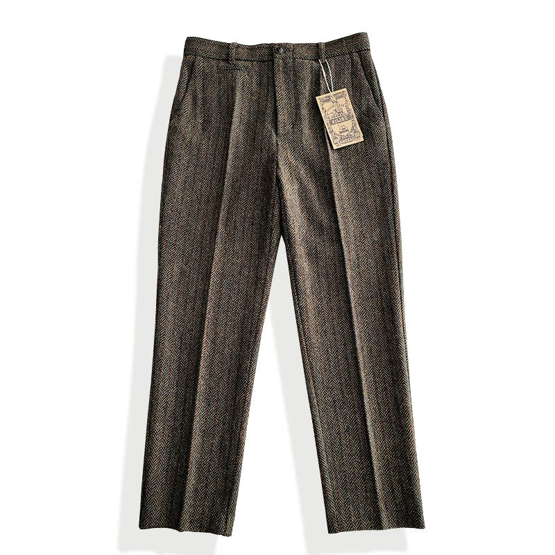 Men's Tweed Pants Straight Mid-waist Business Style Vintage Trousers