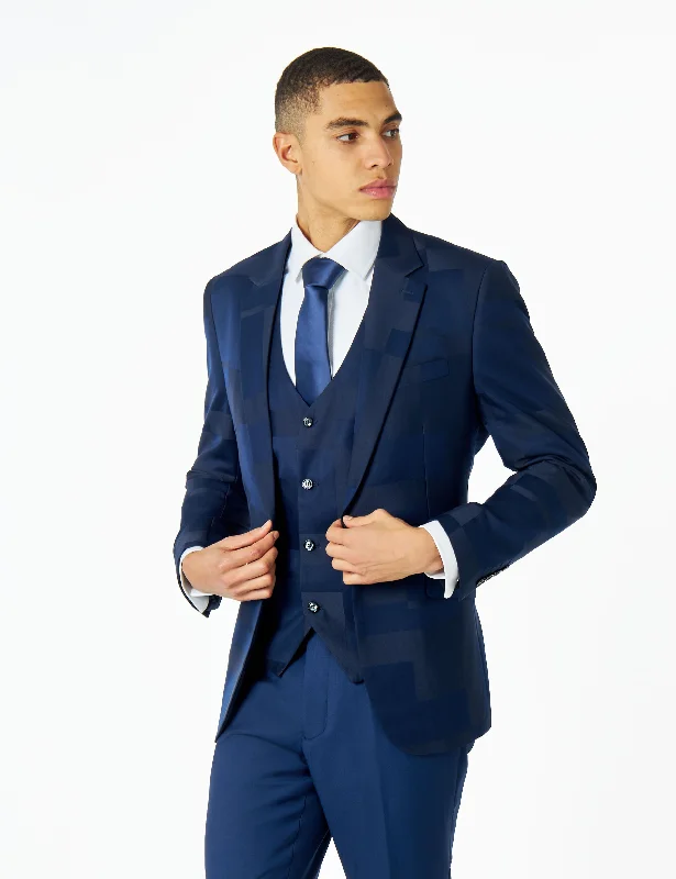 NAVY BLUE GEO PATTERN DETAILED SUIT JACKET