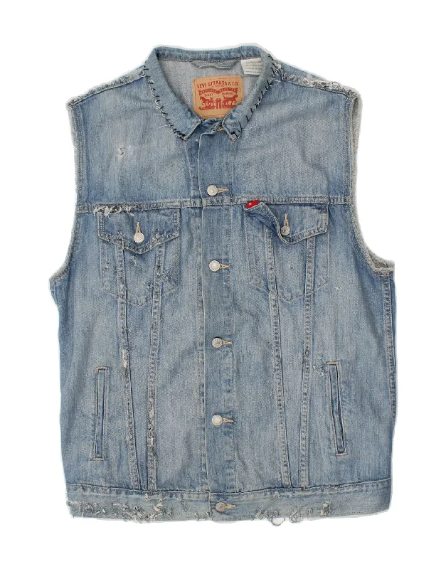 LEVI'S Mens Distressed Denim Gilet UK 36 Small Blue Cotton