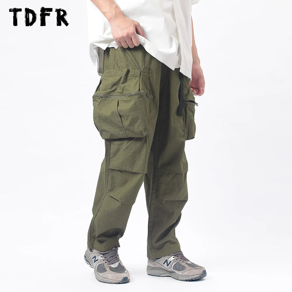 Cargo Pants Mens Pleated Safari Style Solid Color Wide Leg Trousers