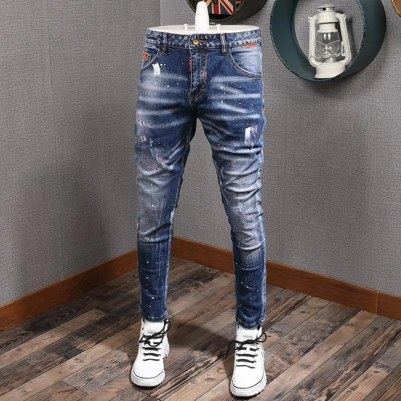 Men's Fashion Streetwear Retro Blue Slim Fit Jeans