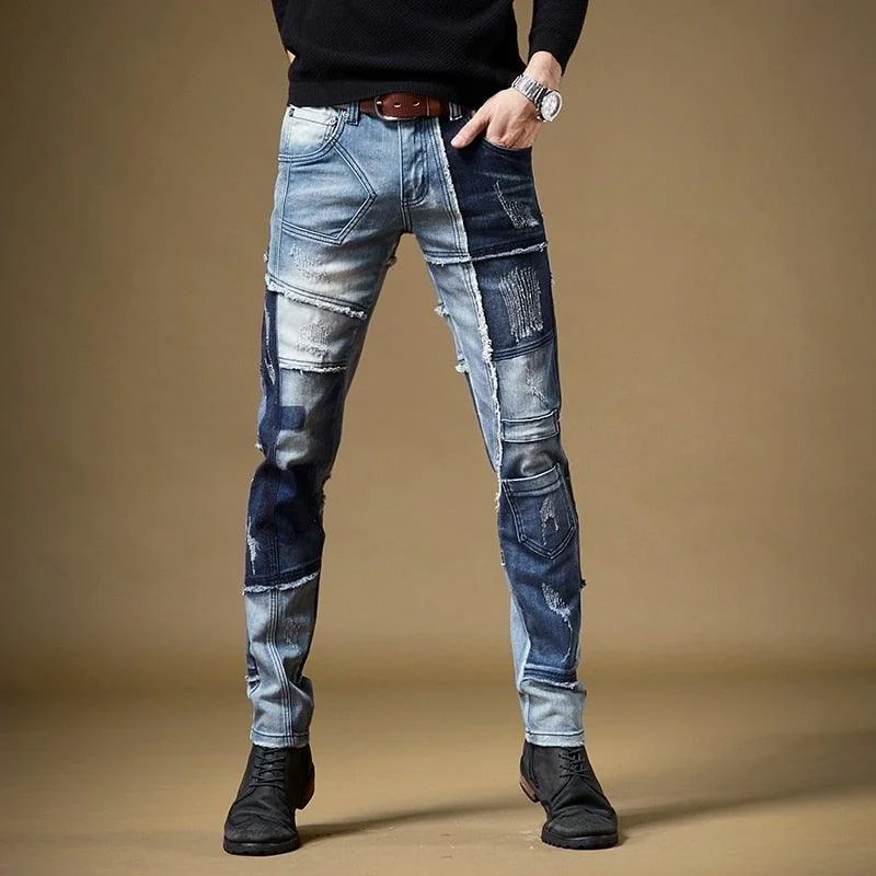 Men's American Street Style Patchwork Jeans