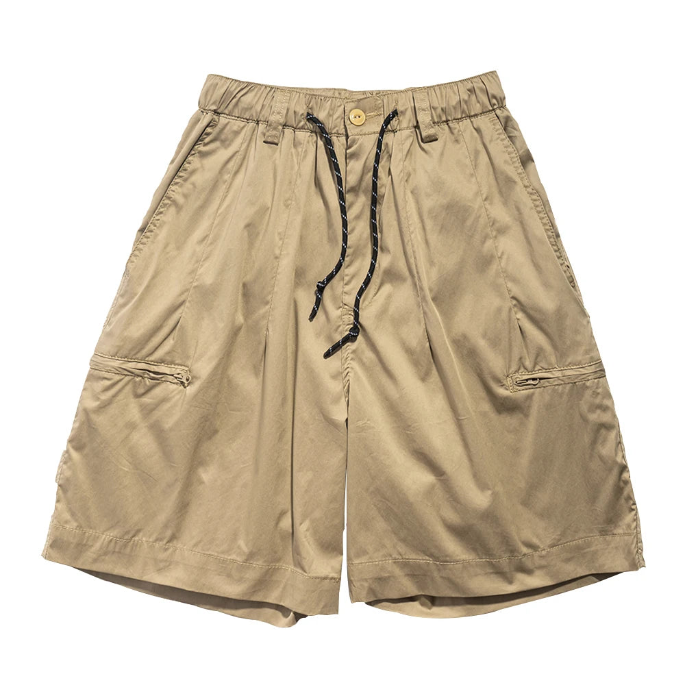 Solid Color Multi-Pocket Cargo Shorts - Casual Knee-length Elastic Waist Half Pants