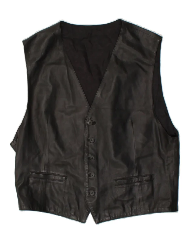 VINTAGE Mens Leather Waistcoat IT 50 Medium Black Leather