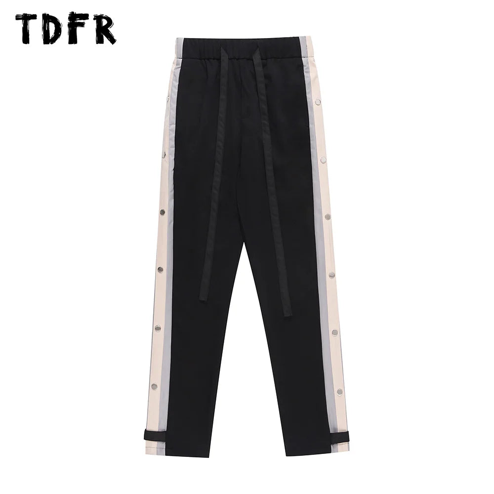 Contrast Paneled Casual Pants with Rivets - Loose Streetwear Wide Leg Trousers