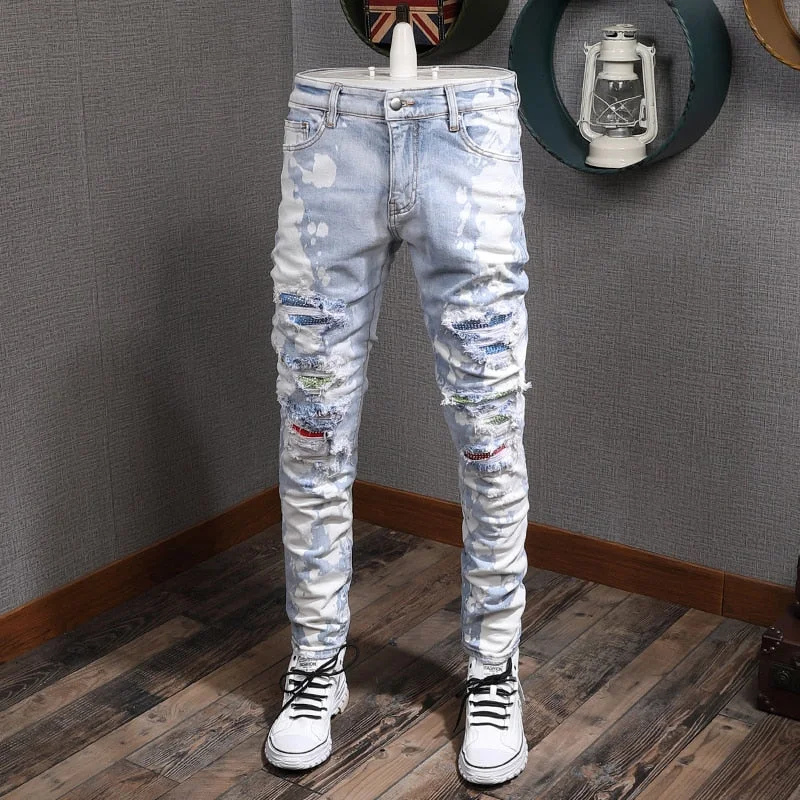 Men's Patchwork Distressed Slim Fit Jeans