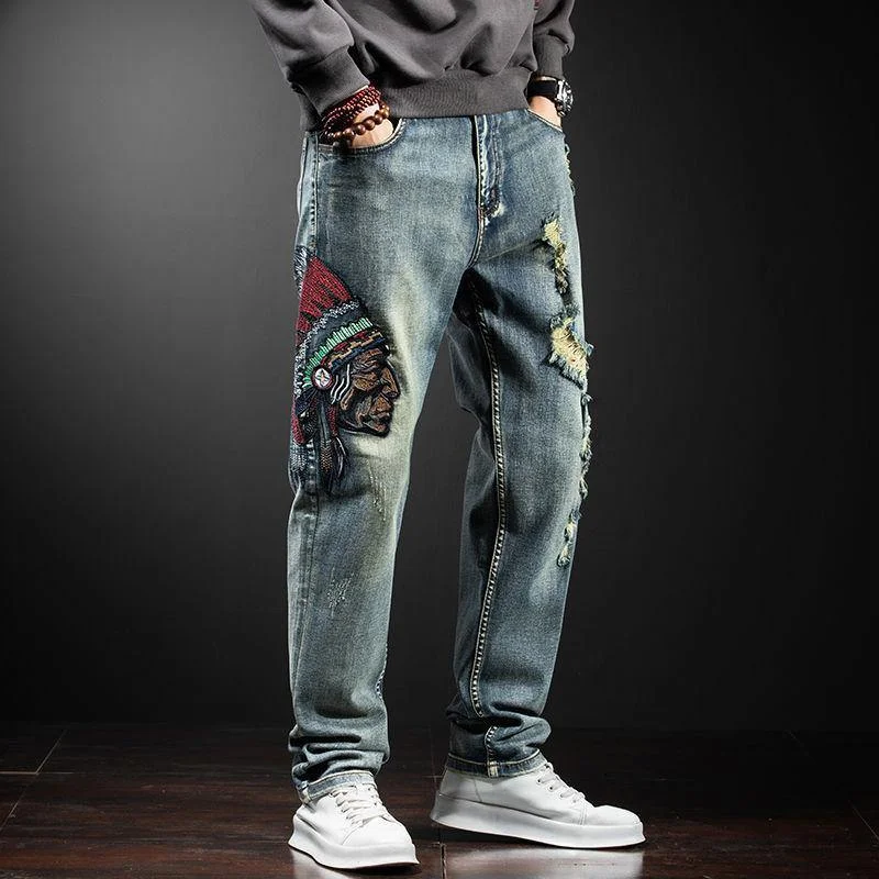 Men's Embroidery Distressed Loose Fit Jeans