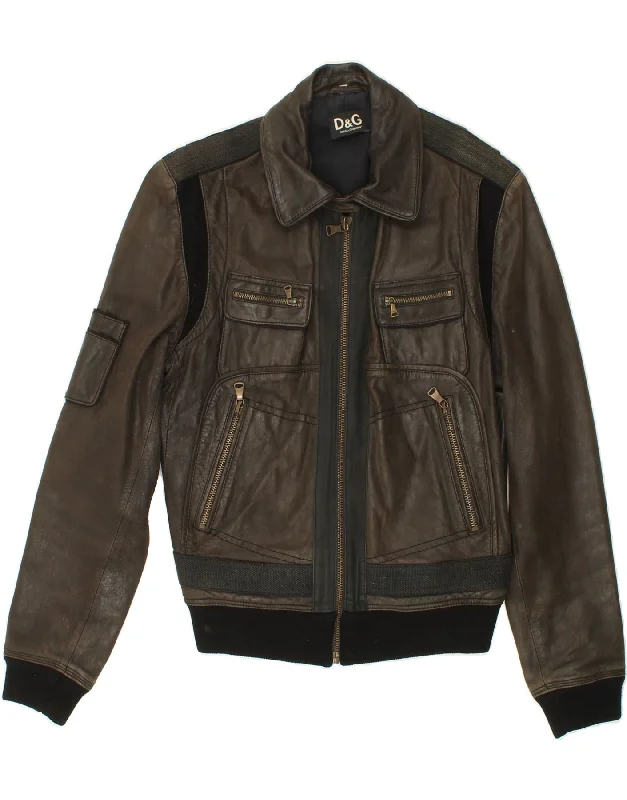 DOLCE & GABBANA Mens Bomber Jacket IT 50 Large Brown Colourblock Leather