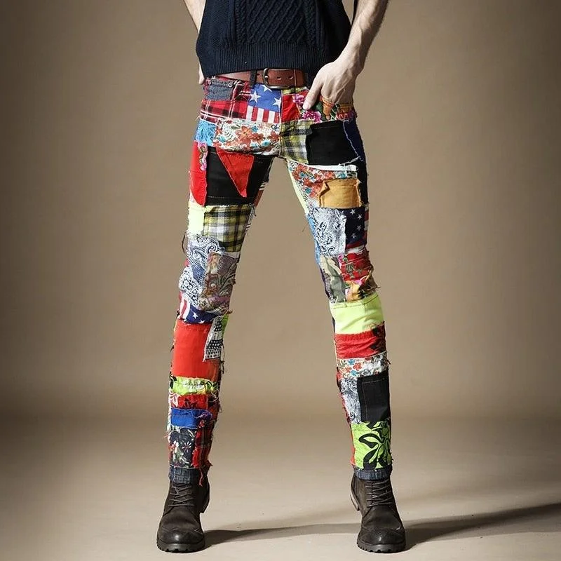 Men's Slim Patchwork Punk Style Designer Pants