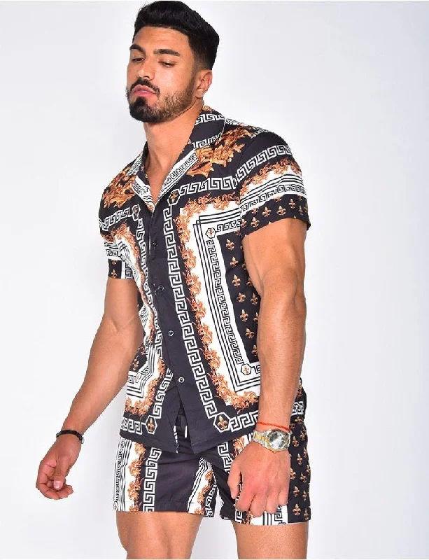 Men Hawaiian Print Summer Short Sleeve Shirt & Shorts Set