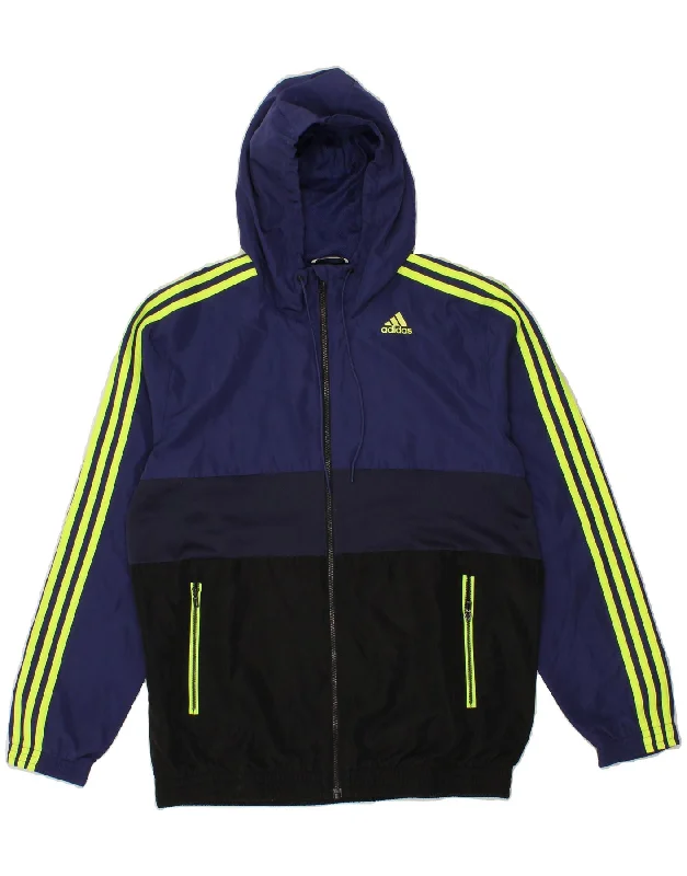 ADIDAS Mens Hooded Rain Jacket UK 38 Medium Navy Blue Colourblock