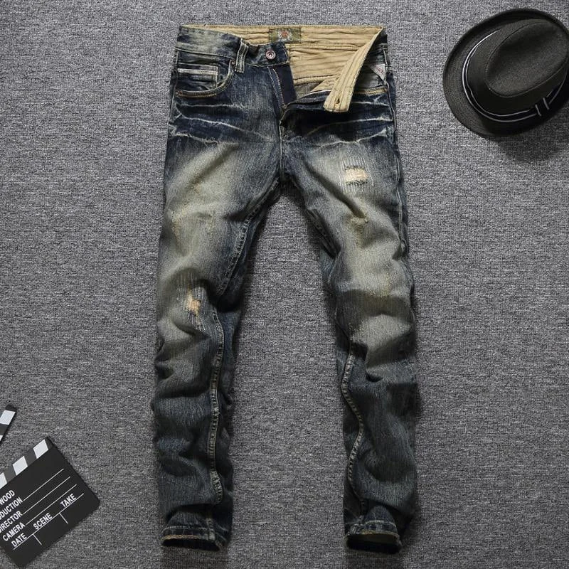 Men's Vintage Retro Style Slim Fit Distressed Jeans