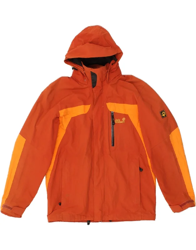 JACK WOLFSKIN Mens Hooded Rain Jacket UK 38 Medium Orange Colourblock