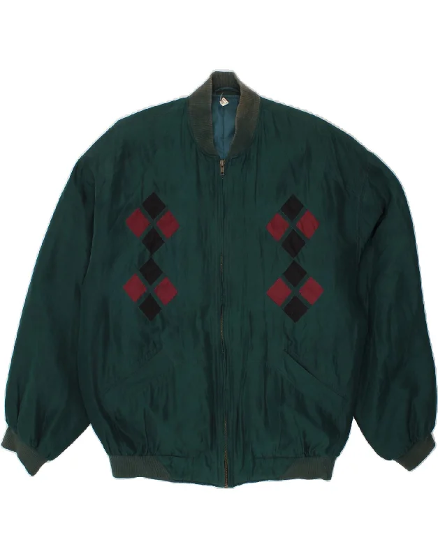 VINTAGE Mens Loose Fit Bomber Jacket UK 34/36 XS Green Argyle/Diamond Silk