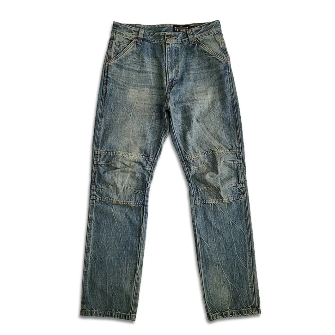 Men's Distressed Jeans Straight Monkey Wash Moustache Effect Regular Fit Vintage Denim Pants