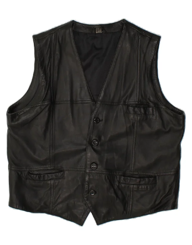 VINTAGE Mens Leather Waistcoat Large Black Leather