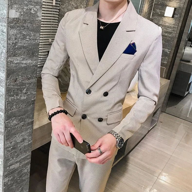 Slim-fit Solid Color Double-breasted Two-piece Suit