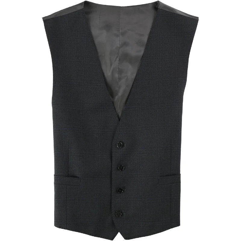 Calvin Klein Mens Windowpane Four Button Vest, Grey, 44 Short