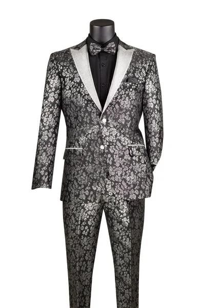 Eldoria Collection: Black 2 Piece Jacquard Fabric Single Breasted Slim Fit Tuxedo