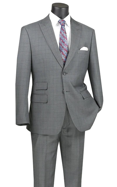 Astro Collection: Grey 2 Piece Windowpane Single Breasted Modern Fit Suit