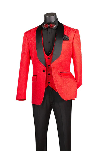 Riverra Collection: Red 3 Piece Jacquard Pattern Single Breasted Slim Fit Tuxedo