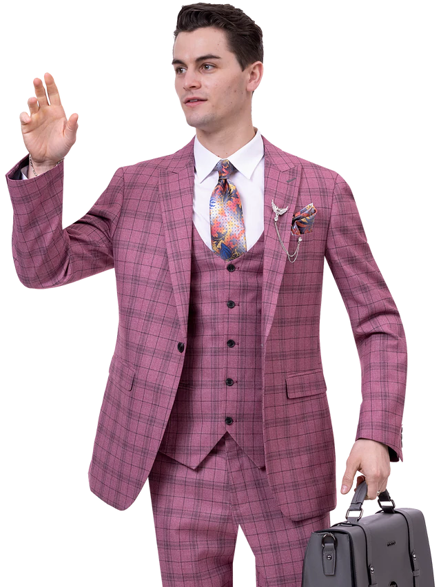 Mauve Plaid Three Piece Modern Fit Fashion Suit M2765