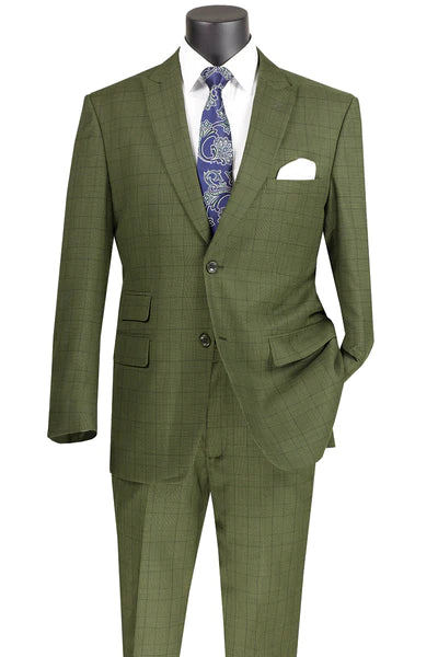 Astro Collection: Olive 2 Piece Windowpane Single Breasted Modern Fit Suit