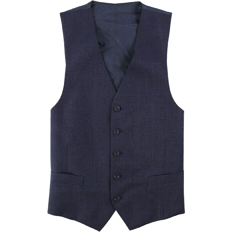 Michael Kors Mens Tonal Plaid Five Button Vest, Blue, 46 Regular