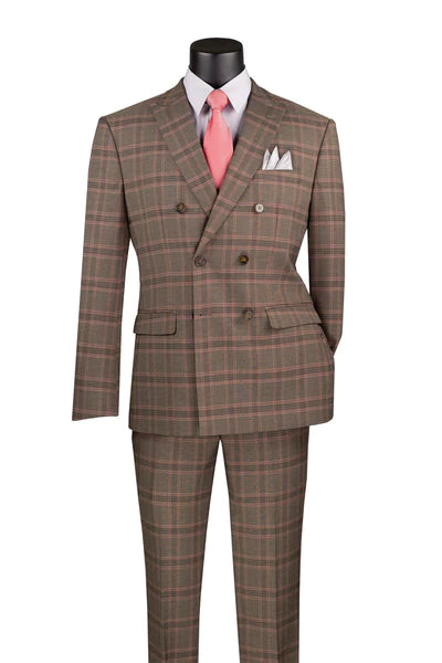 Luxelito Collection: Brown 2 Piece Glen Plaid Double Breasted Modern Fit Suit