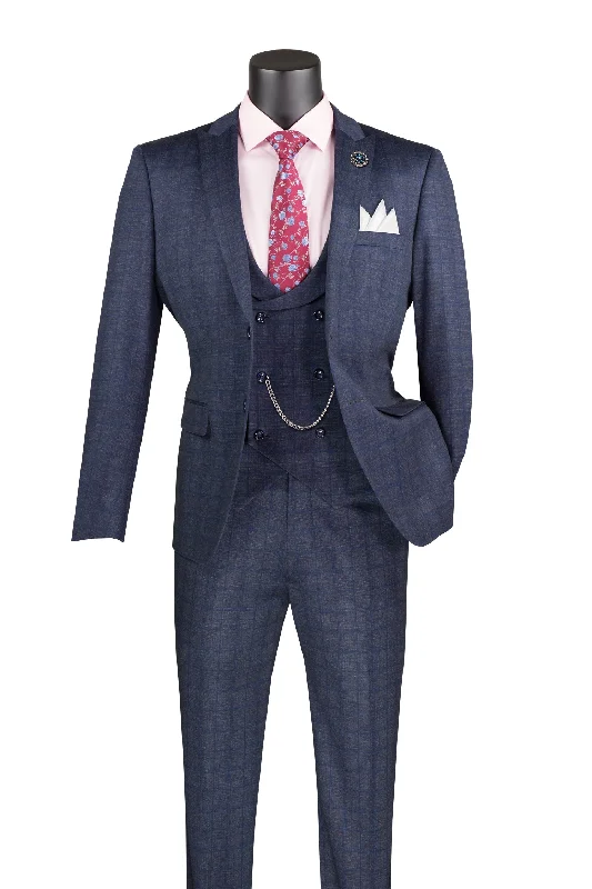 Vintique Collection: Glen Plaid Slim Fit Suit with Peak Lapel in Navy