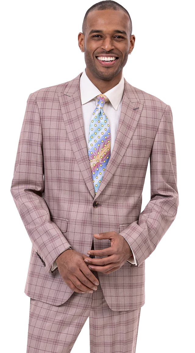 Pale Pink Plaid Three Piece Regular Fit Fashion Suit M2768