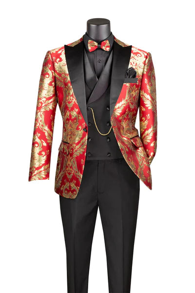 Province Collection: Red 3 Piece Jacquard Fabric Single Breasted Modern Fit Suit