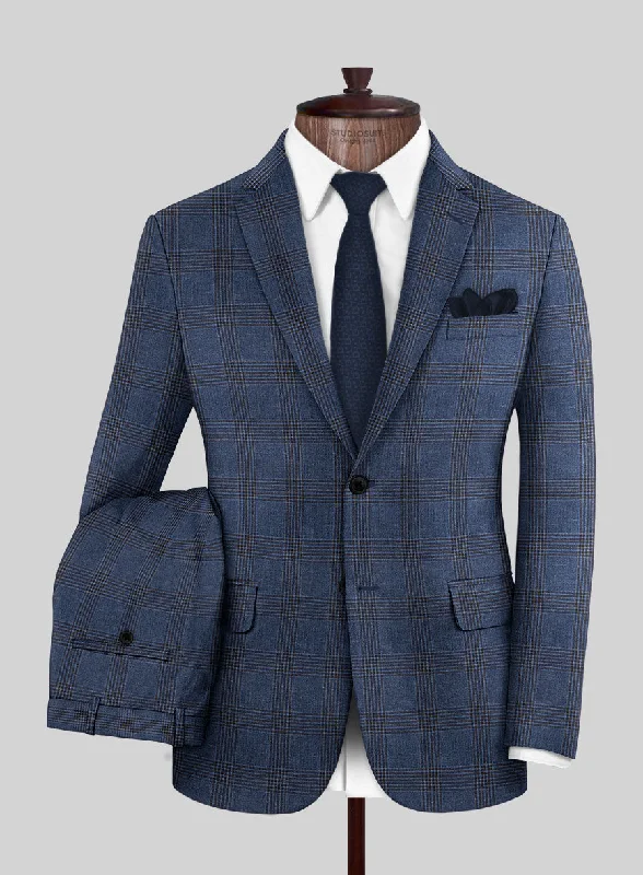 London Loom Dark Blue Check Wool Silk Linen Suit