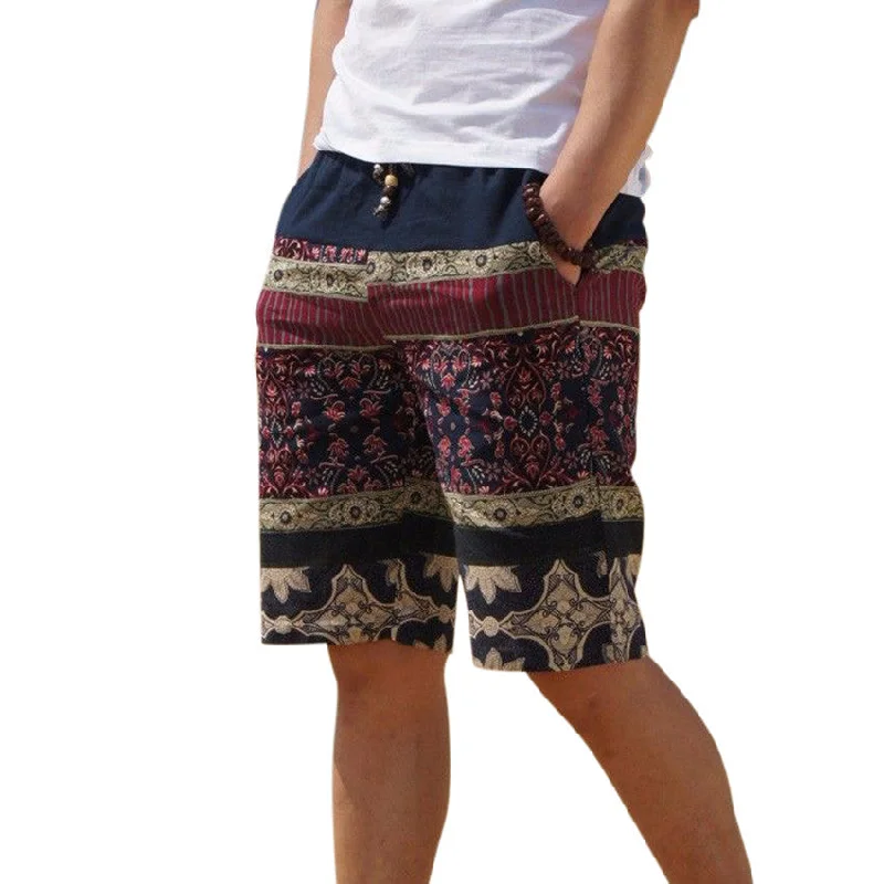 Men's linen shorts personality ethnic style color stitching summer leisure wild men loose floral beach shorts