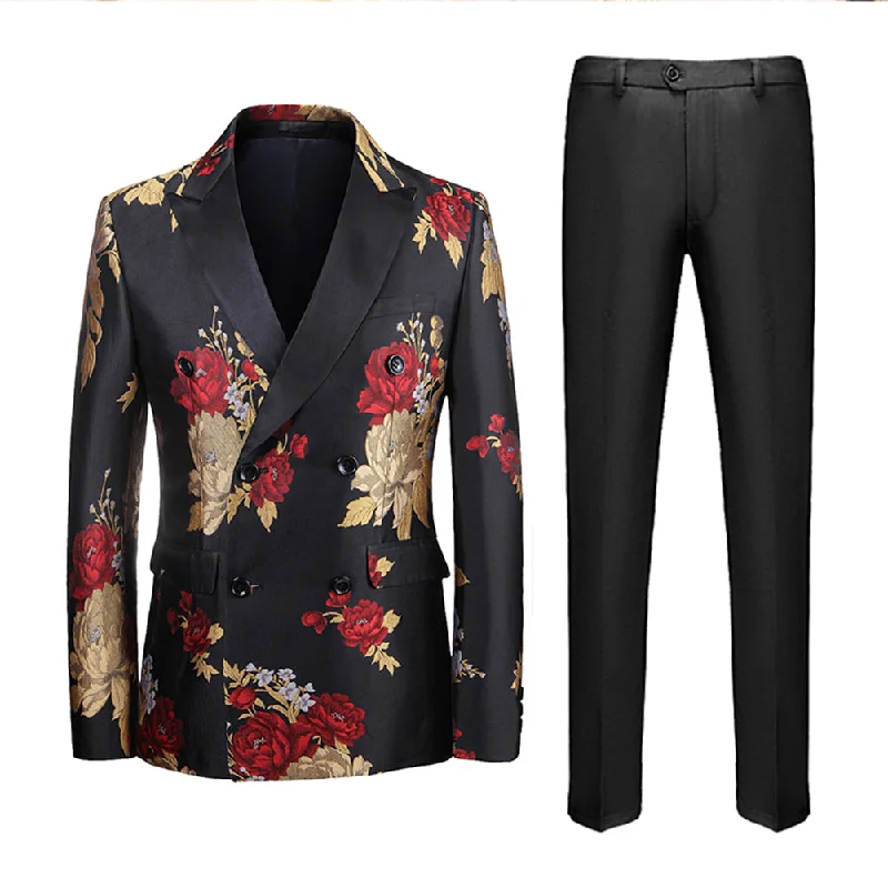 Mens 2-Piece Peony Print Lapel Double Breasted Suit