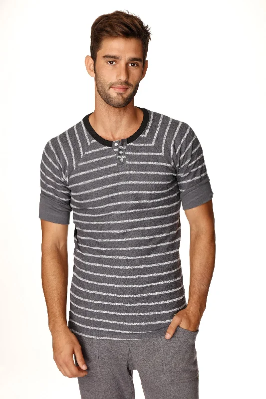 4-rth Mens Vintage-Stripe Henley Tee in French Terry Loop (Charcoal w/Stripe)