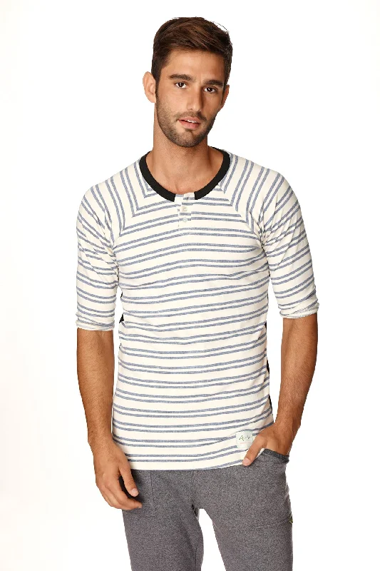 4-rth Mens Vintage-Stripe Henley Tee in French Terry Loop (Cool Blue Stripe)