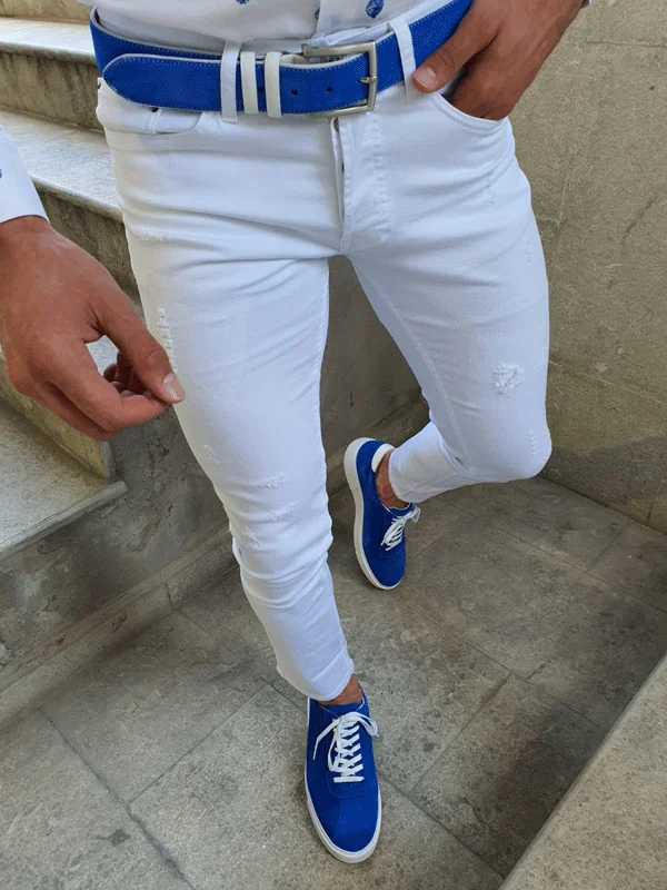 Bellingham White Slim Fit Handmade Ripped Jeans