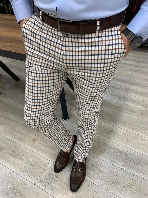 Lendfield Navy Brown Plaid Slim Pants