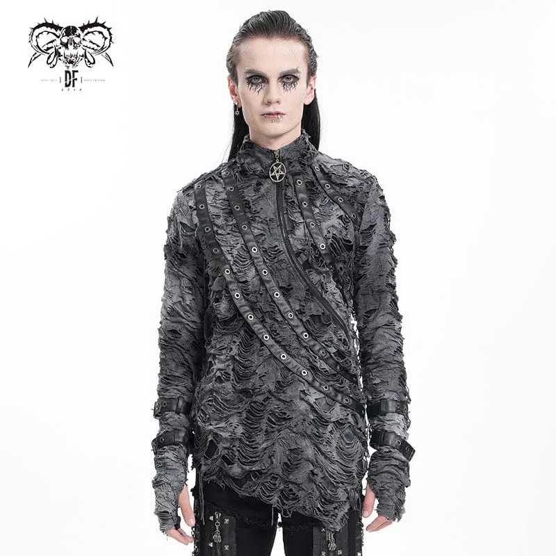 Men's Gothic Ripped Eyelets Strap Sweatershirt