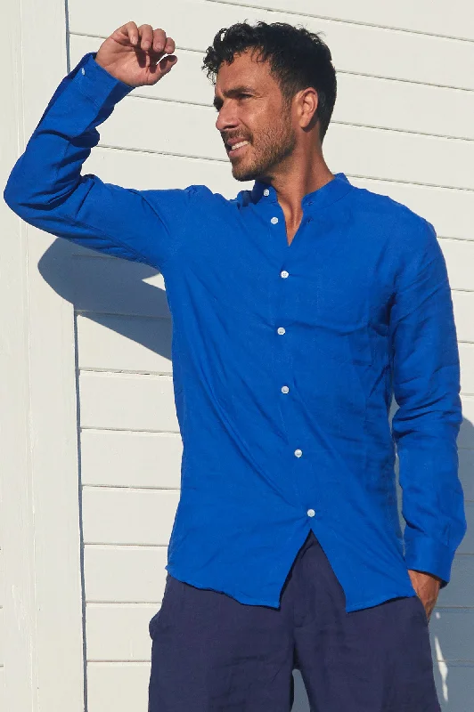 Men's Nehru Collar Linen Shirt | Cobalt Blue