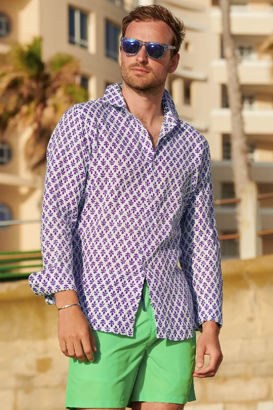 Men's Printed Linen Shirt | Trident White/Purple